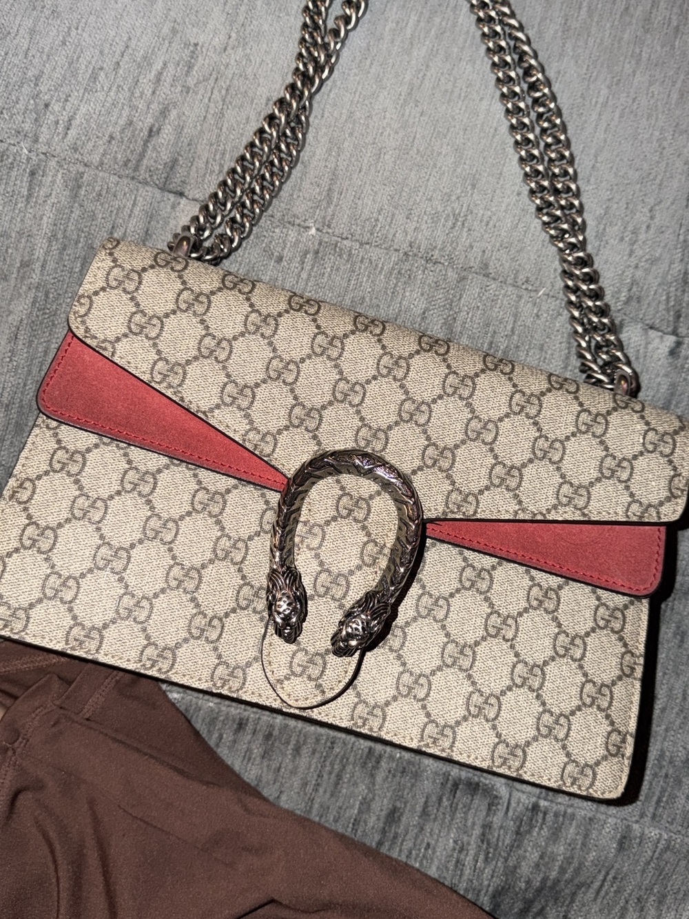 Gucci Beige Medium Dionysus Canvas Shoulder Bag with Red Trim